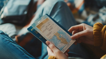 Close-up image of a young couple sitting on the floor and looking at the mapの写真素材
