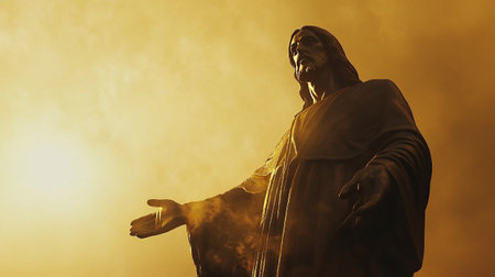 Statue of Jesus Christ in the rays of the rising sun.の写真素材