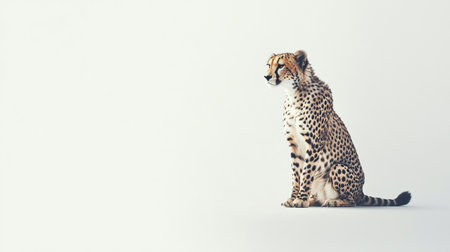 Cheetah sitting on white background with copy space for text.の写真素材