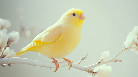Yellow canary on a branch of a blossoming tree with white flowersの写真素材