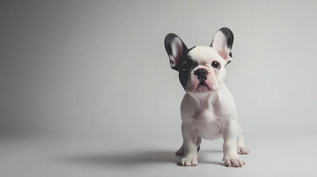 French bulldog puppy on a gray background. Studio shot. Copy space.の写真素材