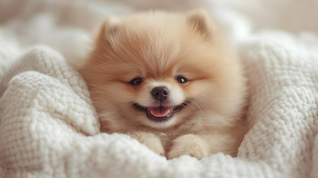 Cute Pomeranian puppy lying on white knitted blanket.の写真素材