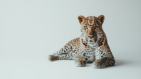Leopard sitting on white background with copy space for your text.の写真素材