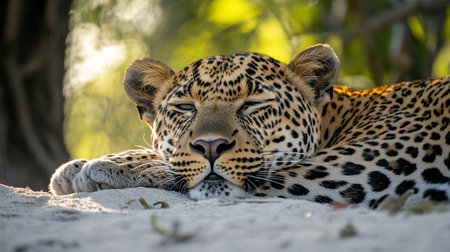 Leopard lying on sand in Kruger National Park, South Africa ; Specie Panthera pardus family of Felidaeの写真素材