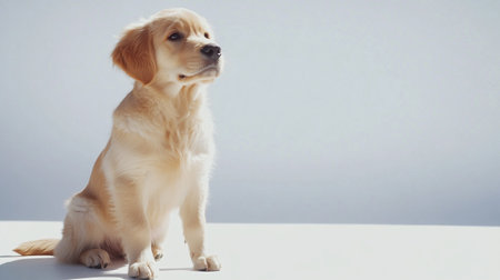 Cute golden retriever dog sitting on white background. Studio shot.の写真素材