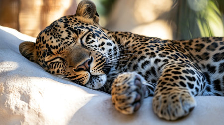 Leopard sleeping on the sofa in the park. Close-up.の写真素材