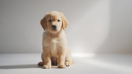 Cute Golden Retriever puppy sitting on a white background.の写真素材