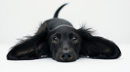 Black dachshund lying on white background. Studio shot.の写真素材