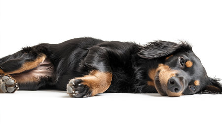 Studio shot of a cute dog lying on white background.の写真素材