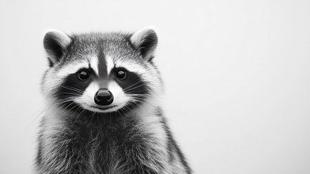 Portrait of a raccoon on a white background, black and whiteの写真素材