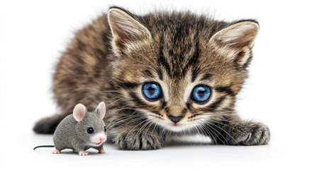 Kitten and mouse. isolated on white background. studio shot.の写真素材