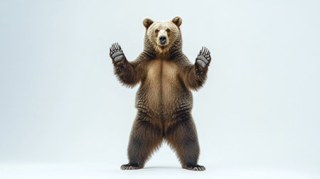 brown bear stands on its hind legs and spreads his hands, isolated on white backgroundの写真素材