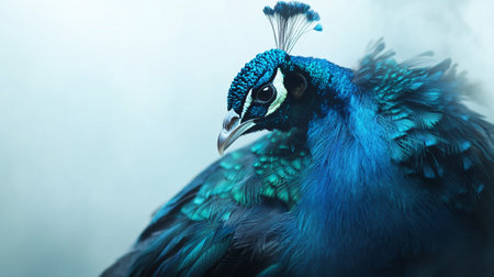 Beautiful peacock bird with blue feathers on a blue background.の写真素材