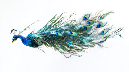 Beautiful peacock tail isolated on white background. Studio shot.の写真素材