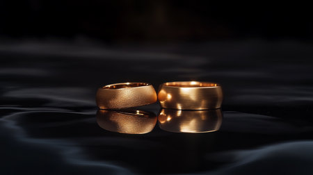 Wedding rings on a black background with reflection in the waterの写真素材