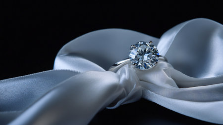 Wedding diamond ring on a white satin ribbon on a black backgroundの写真素材
