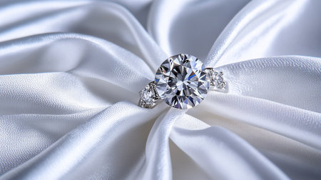 Jewelry diamond ring on white satin background, close upの写真素材