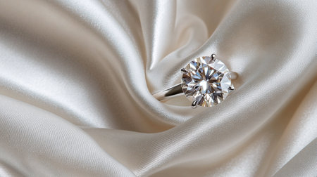 Jewelry diamond ring on white satin background, close upの写真素材