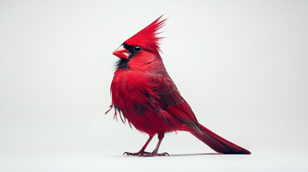 Red cardinal bird isolated on white background with copy space for your textの写真素材
