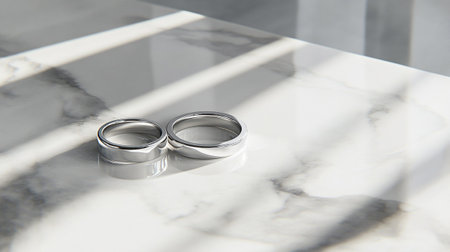 wedding rings on white marble table with shadow on the wallの写真素材