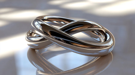 Wedding rings on a reflective surface. 3D render.の写真素材
