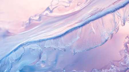 Transparent blue water with bubbles on a pink background. Close-up.の写真素材