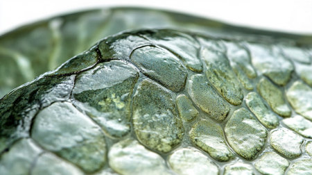 close up of green snake skin texture on white background. macro shotの写真素材