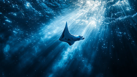 Manta ray in deep blue ocean. 3D Rendering.の写真素材