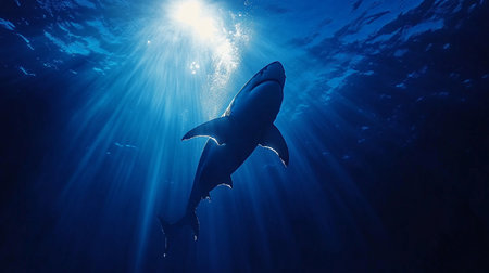 Shark swimming in the deep blue sea. Underwater photography.の写真素材