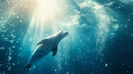 Seal swimming underwater with sunbeams and rays of light.の写真素材