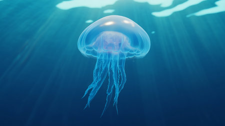 Jellyfish floating in the deep blue ocean. 3d renderingの写真素材
