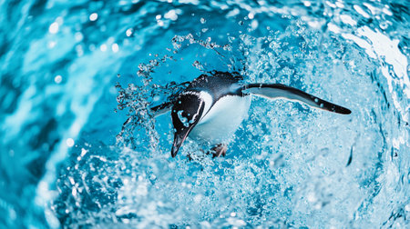 black and white penguin swims in blue water on a sunny dayの写真素材
