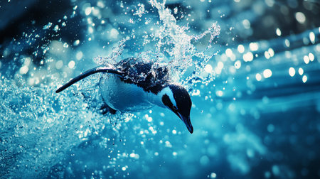 Penguin splashing water on a background of blue sky.の写真素材