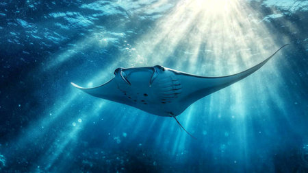 Manta ray in the blue sea. Underwater world. 3d renderの写真素材