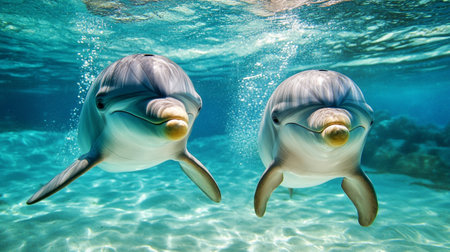 Two dolphins swimming in the sea. Two dolphins swimming in the sea.の写真素材