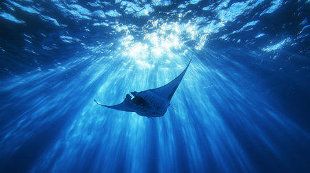 Manta ray swimming underwater in the deep blue sea with sunlight raysの写真素材