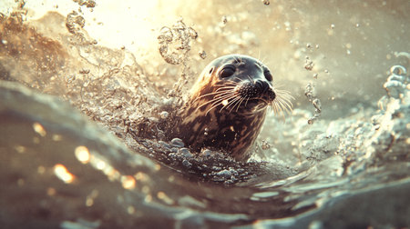 Seal swimming in the water with splashes of water on a sunny dayの写真素材