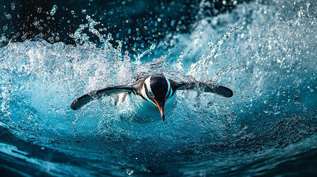 Gentoo penguin coming out of the water with a splashの写真素材