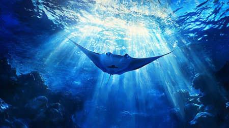 Manta ray swimming underwater in the deep blue ocean on a sunny dayの写真素材