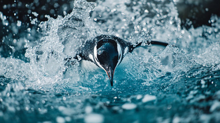 Gentoo penguin splashing in the water with a splashの素材