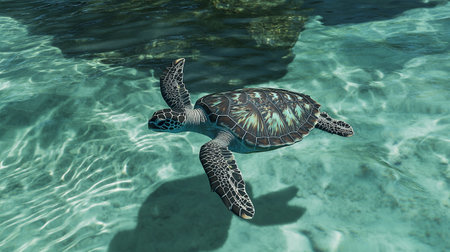 Green sea turtle swimming in the turquoise water. This is a 3d render illustrationの写真素材