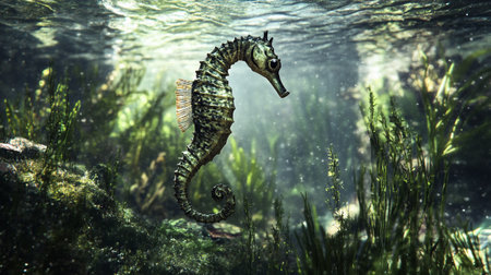 Hippocampus seahorse swimming underwater in the ocean.の写真素材