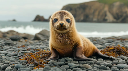 Baby sea lion (Zalophus californianus) sitting on a rockの写真素材
