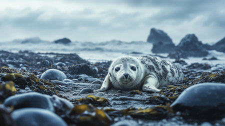 Grey Seal (Halichoerus grypus) on a beach in Icelandの写真素材