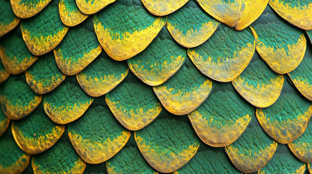 Close up of gold and green dragon scales texture background, Thailand.の写真素材