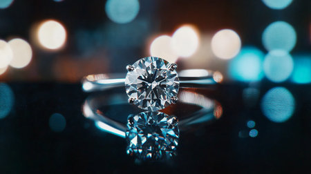 Jewelry diamond ring on a black background with bokehの写真素材