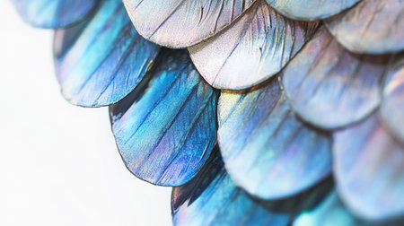 Macro close up of a colorful butterfly wing texture on white backgroundの写真素材