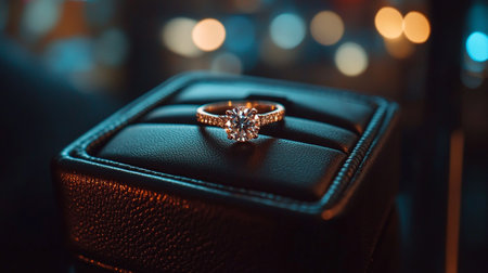 Wedding ring on a black leather box with bokeh backgroundの写真素材