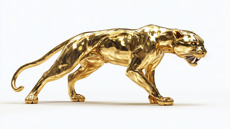3D rendering of a golden feline predator isolated on white background. This is a computer generated and 3d rendered picture.の素材