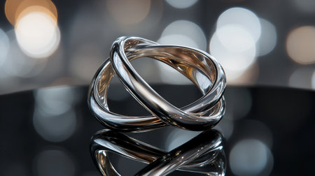 Wedding rings on a glass table with bokeh backgroundの写真素材
